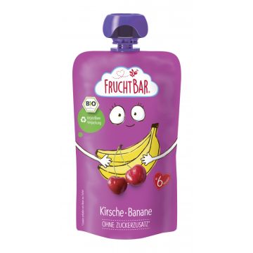 Kurzes MHD: FruchtBar Bio-Fruchtpüree Kirsche, Banane 120g