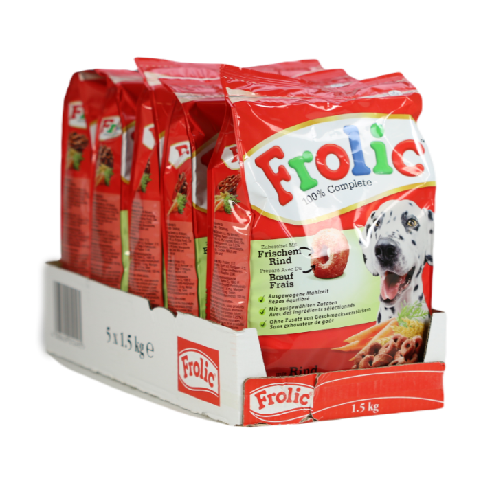 Multipack: 5x Frolic Trockenfutter Complete mit Rind 1,5kg