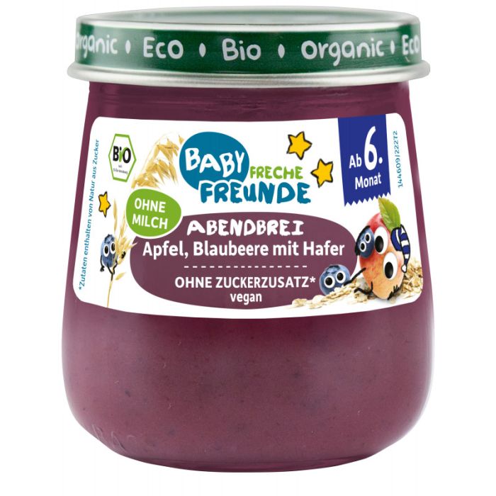 Freche Freunde Bio Gläschen Abendbrei Apfel, Blaubeere m. Hafer 120g