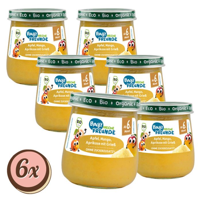 Multipack: 6x Tray Freche Freunde Bio Gläschen Apfel, Mango, Aprikose mit Grieß 120g