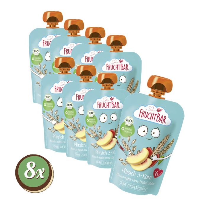 Multipack: 8x FruchtBar Bio-Fruchtpüree Pfirsich 3-Korn 100g